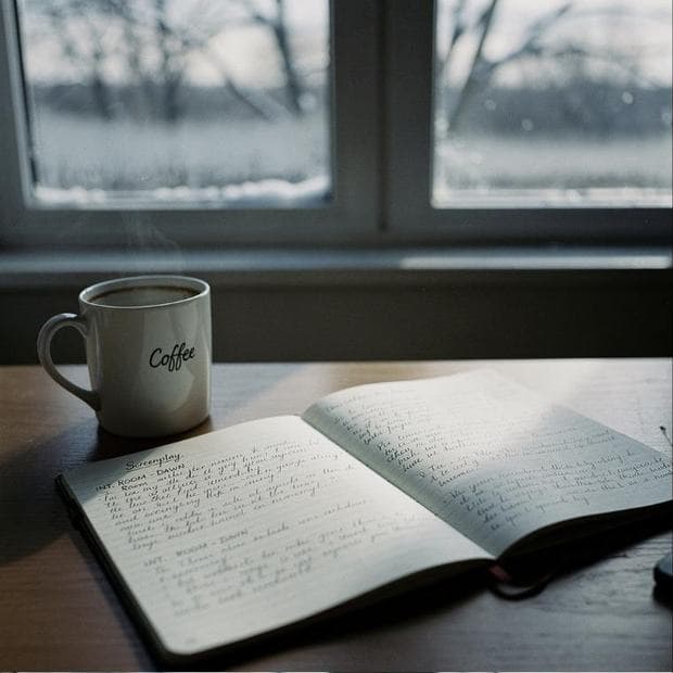 A screenwriter’s desk at dawn, papers and a cold coffee lit by window light, generated in Omnibo