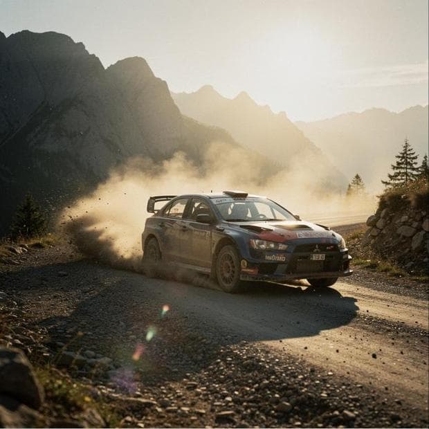 A rally car mid-corner in golden-hour dust, generated in Omnibo