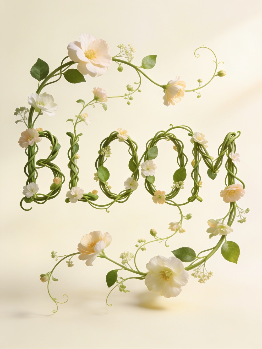 Het woord BLOOM opgebouwd uit ranken en witte bloemen op crème