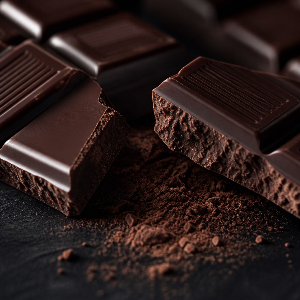 Een reep pure chocolade, opengebroken op zwart leisteen, bestoven met cacao
