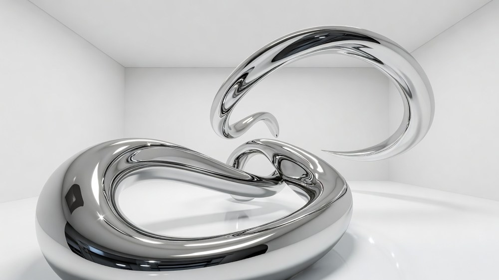 Een vloeiend chroomsculptuur dat zich door een witte kamer kronkelt