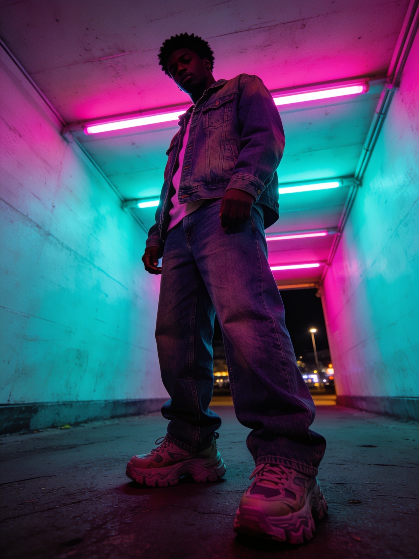 A young man in oversized denim and chunky sneakers in a neon-lit underpass
