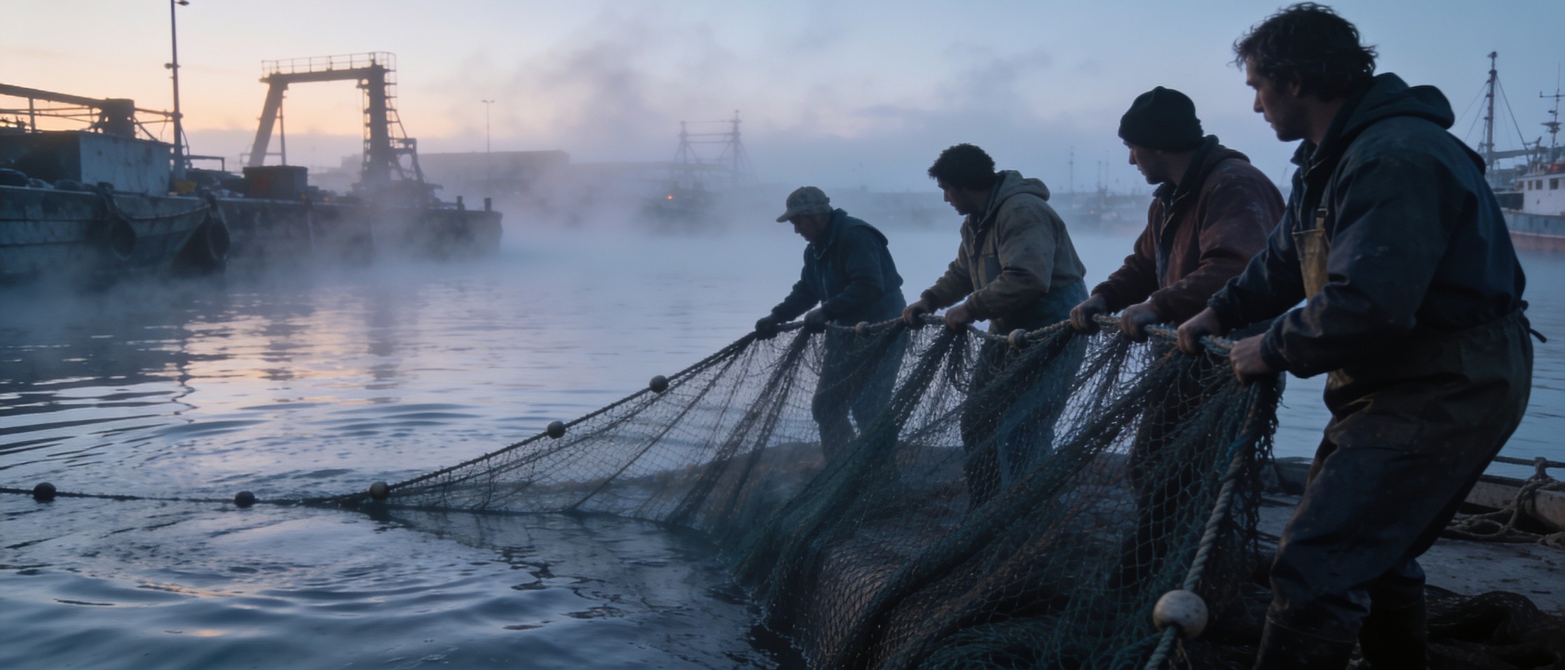 A crew of fishermen hauling a heavy net in a misty harbour at dawn