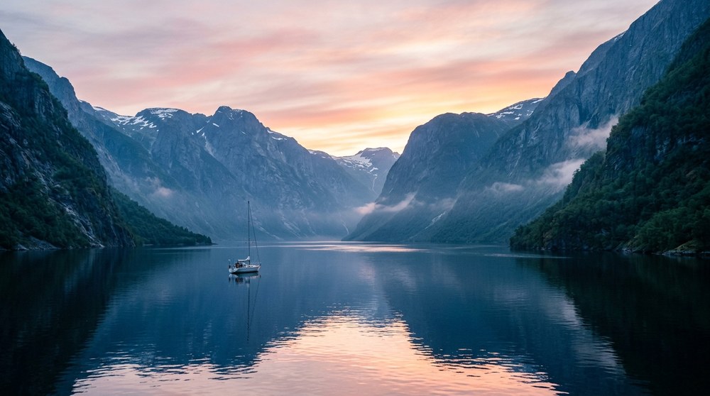 Een eenzaam zeilbootje op een fjord met steile wanden bij het eerste licht