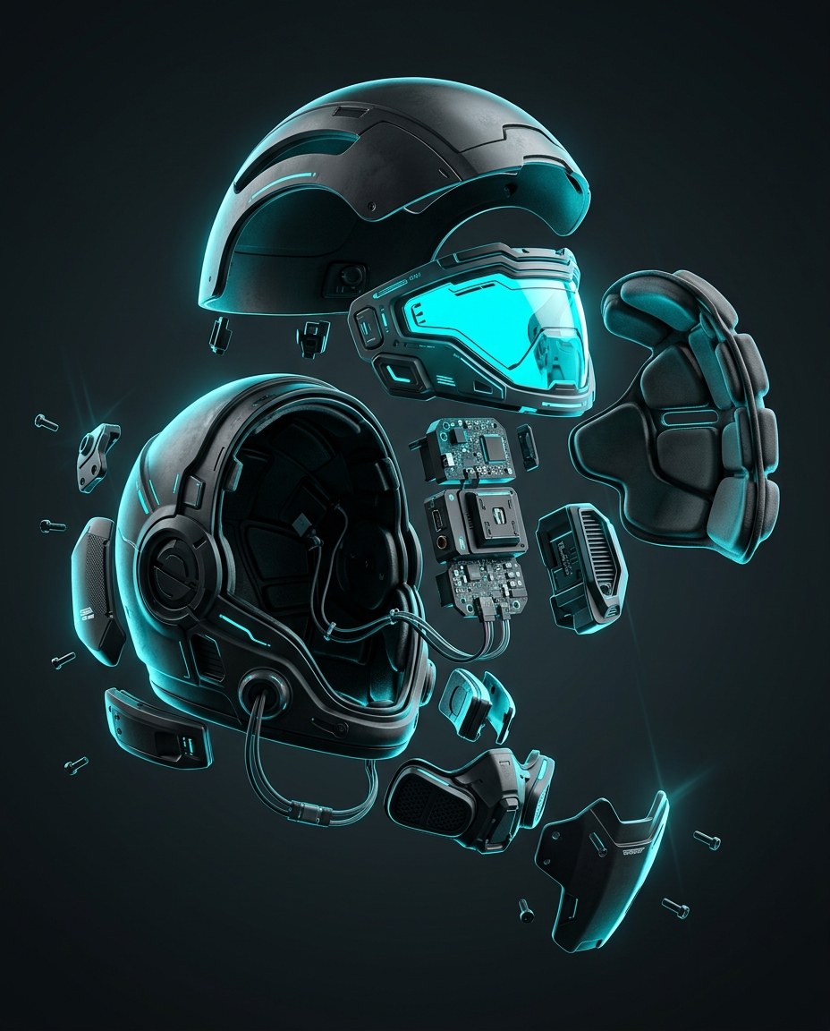 Een explosietekening van een scifi-helm, de onderdelen zweven in het donker