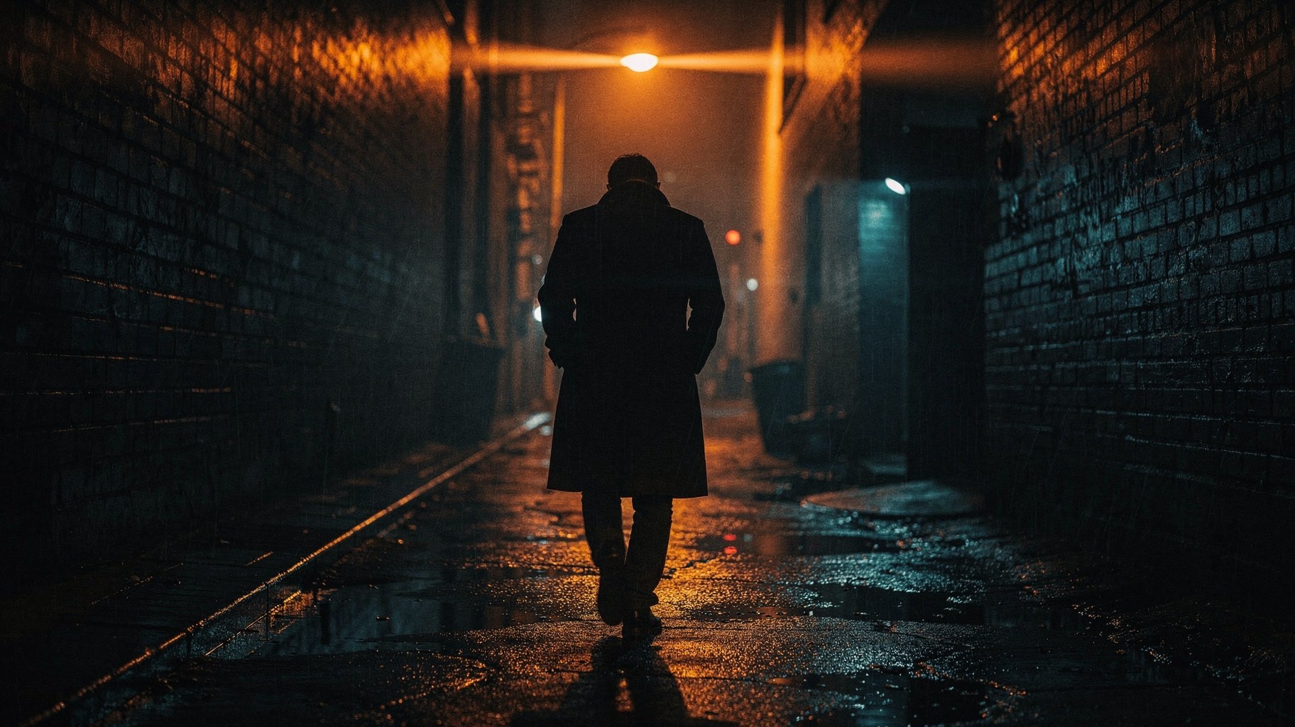 Een eenzame figuur in een steeg onder natriumlicht na de regen, gemaakt in Omnibo