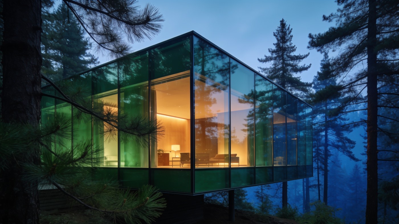 Een huis met glazen wanden tussen hoge dennen in de schemering, het interieur gloeit warm, gegenereerd in Omnibo