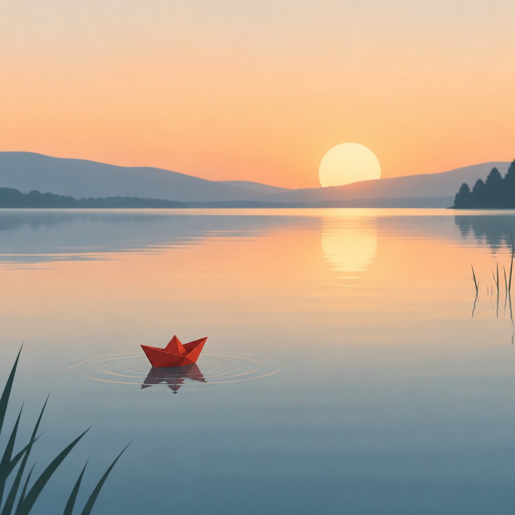 Rood papieren bootje bij zonsopgang, gemaakt met GPT Image 2.5 Sunburst