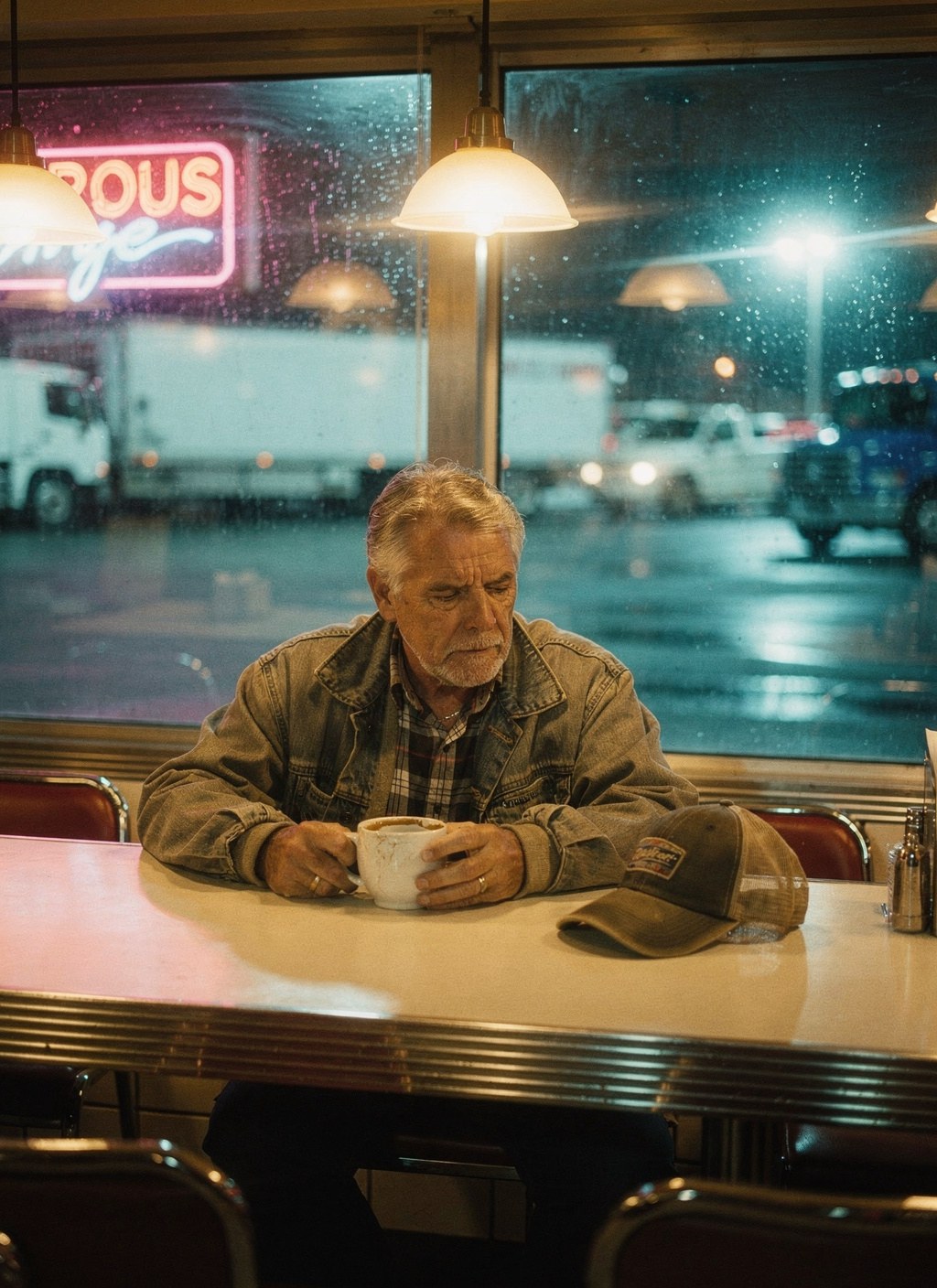 A trucker alone at a neon-lit roadside diner counter at 3 a.m., rain on the window