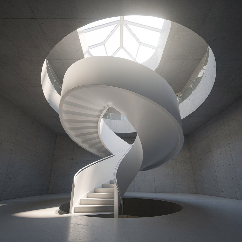 Een witte wenteltrap die in ochtendlicht door een betonnen atrium omhoog loopt