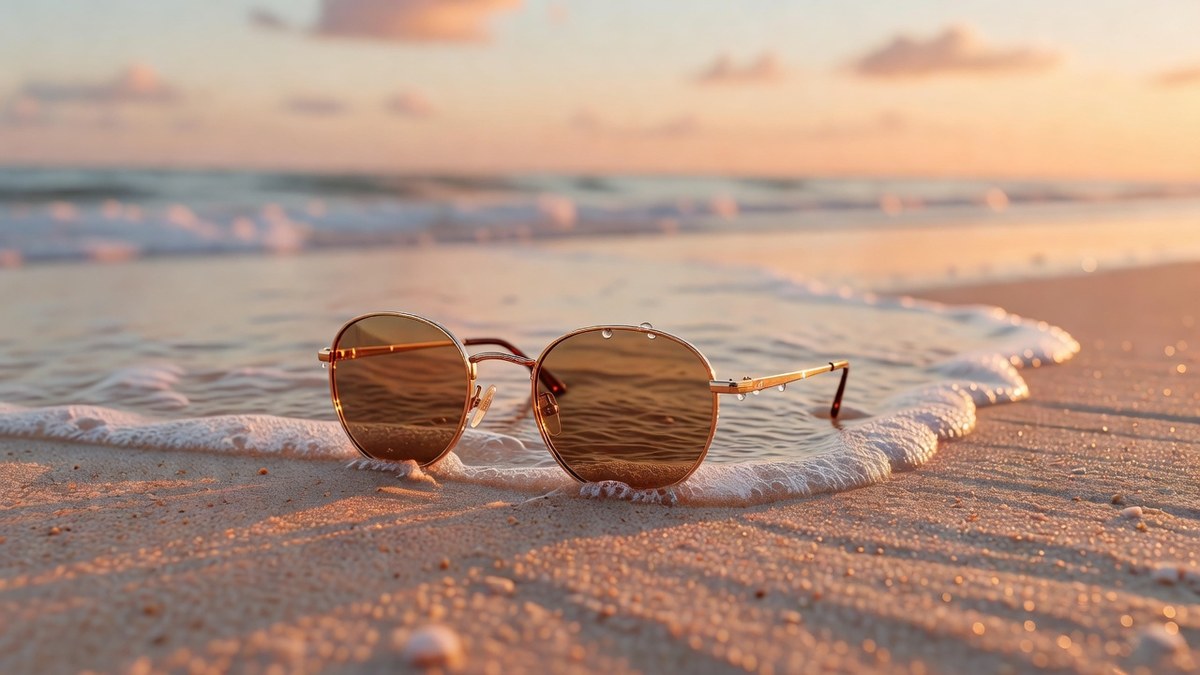 Zonnebril op nat zand, gemaakt met Grok Imagine
