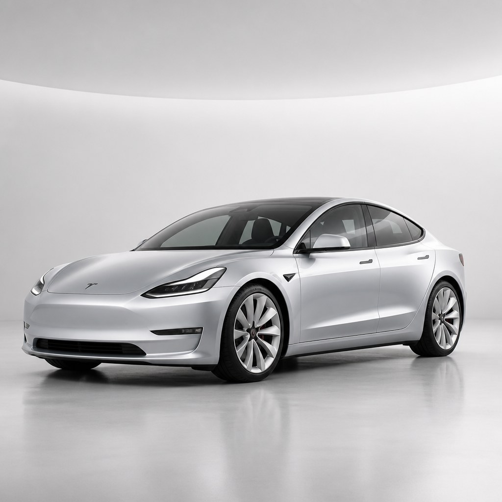 An electric sedan on a clean white cyclorama under soft, even light