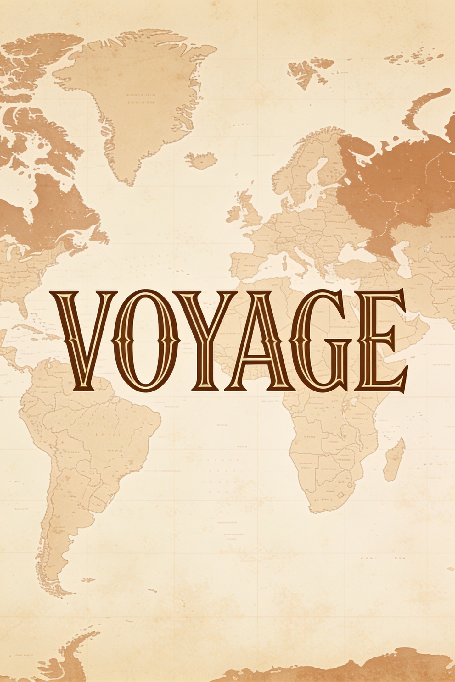 The word VOYAGE in engraved lettering over a faded map