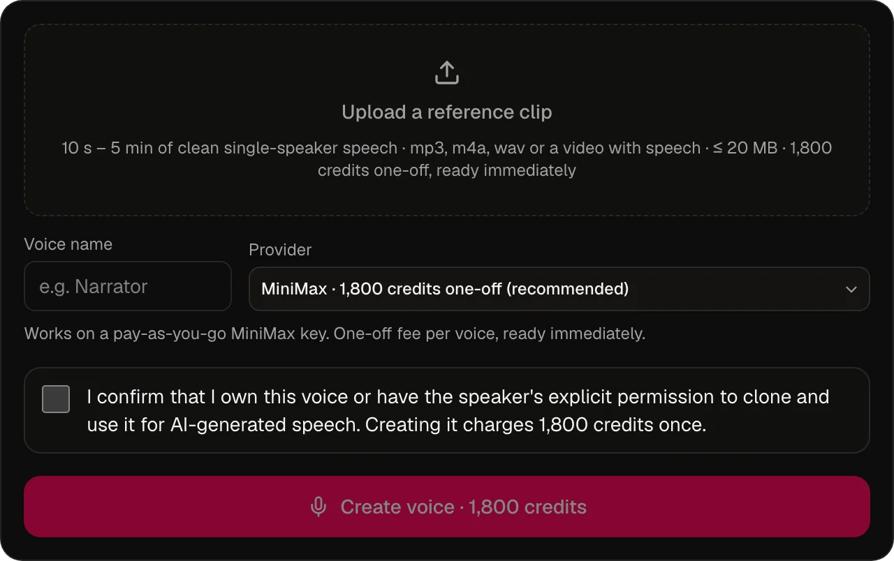 Stemklonen in Omnibo: upload een referentieclip, geef de stem een naam, kies de aanbieder