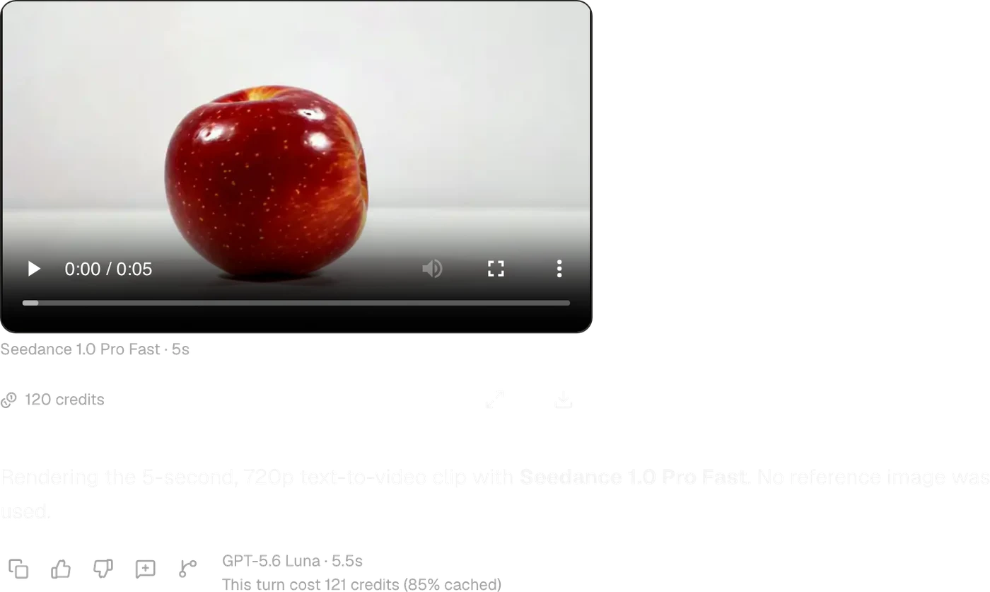 Een chatantwoord in Omnibo met een gegenereerde videoclip van een appel, klaar om af te spelen of te downloaden