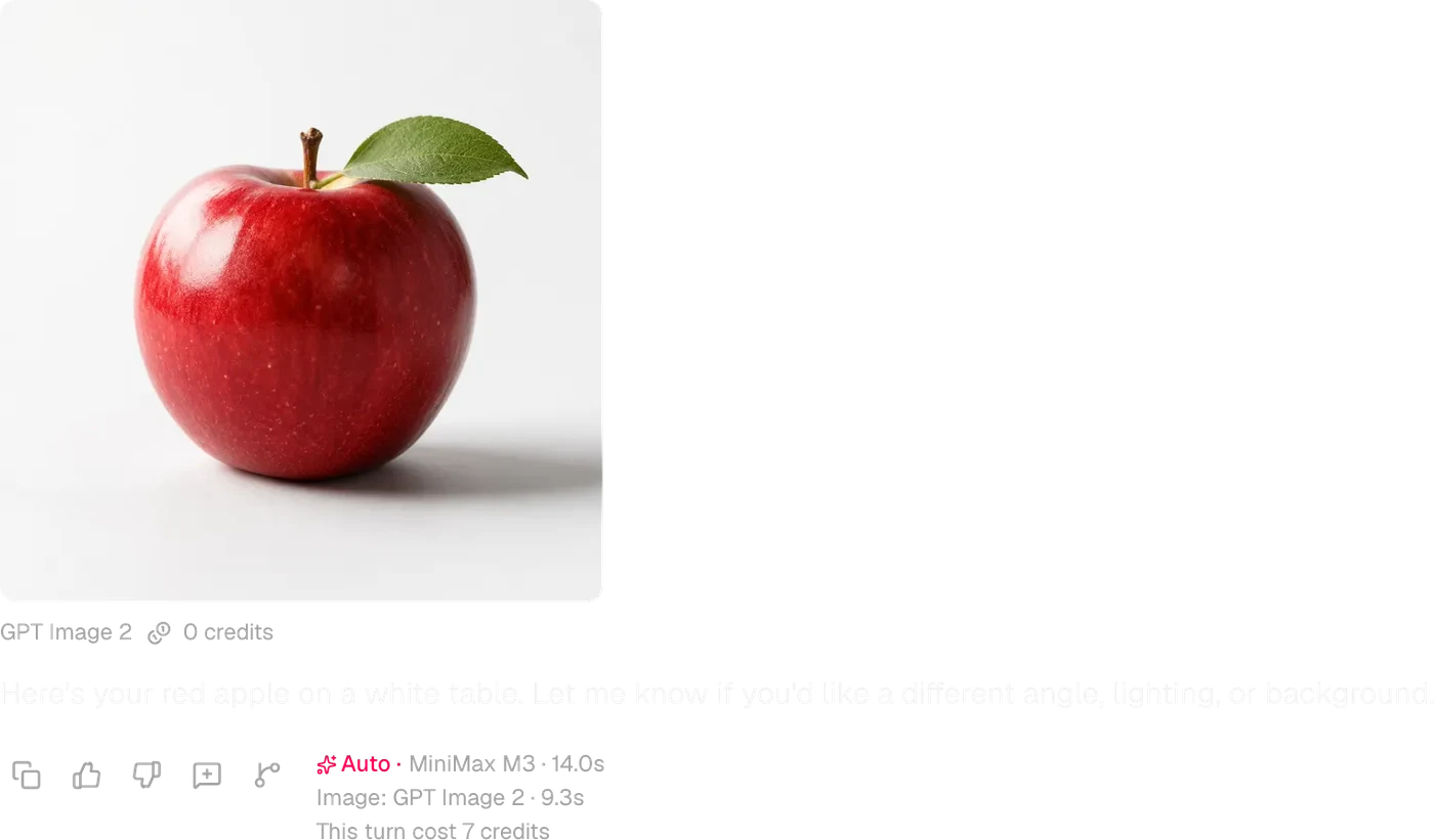 Een chatantwoord in Omnibo met een gegenereerde afbeelding van een rode appel, het model dat antwoordde en het afbeeldingsmodel dat is gebruikt