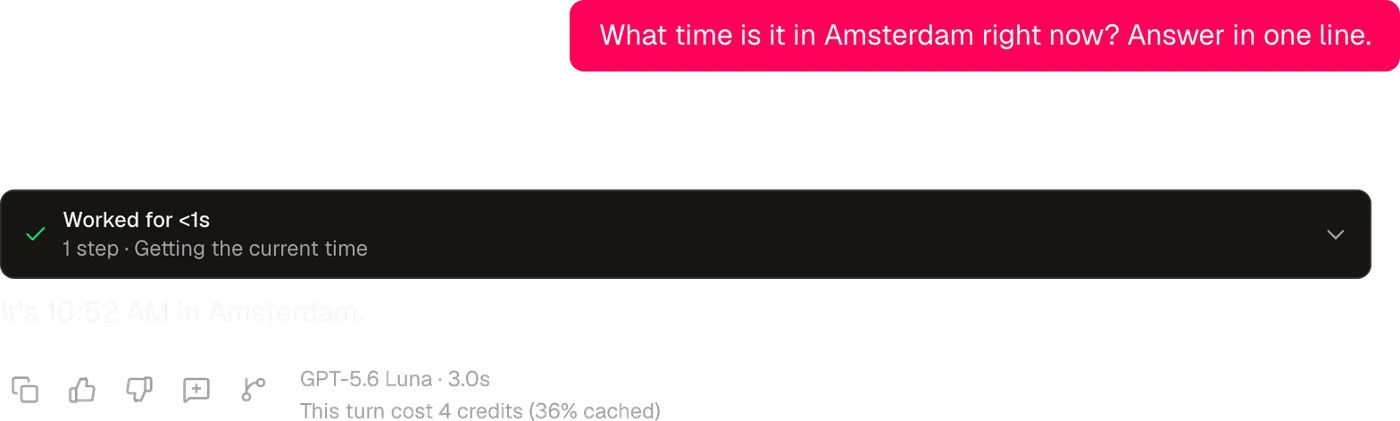Een chatantwoord in Omnibo dat de actuele tijd in Amsterdam opzocht, met het model en wat de beurt kostte