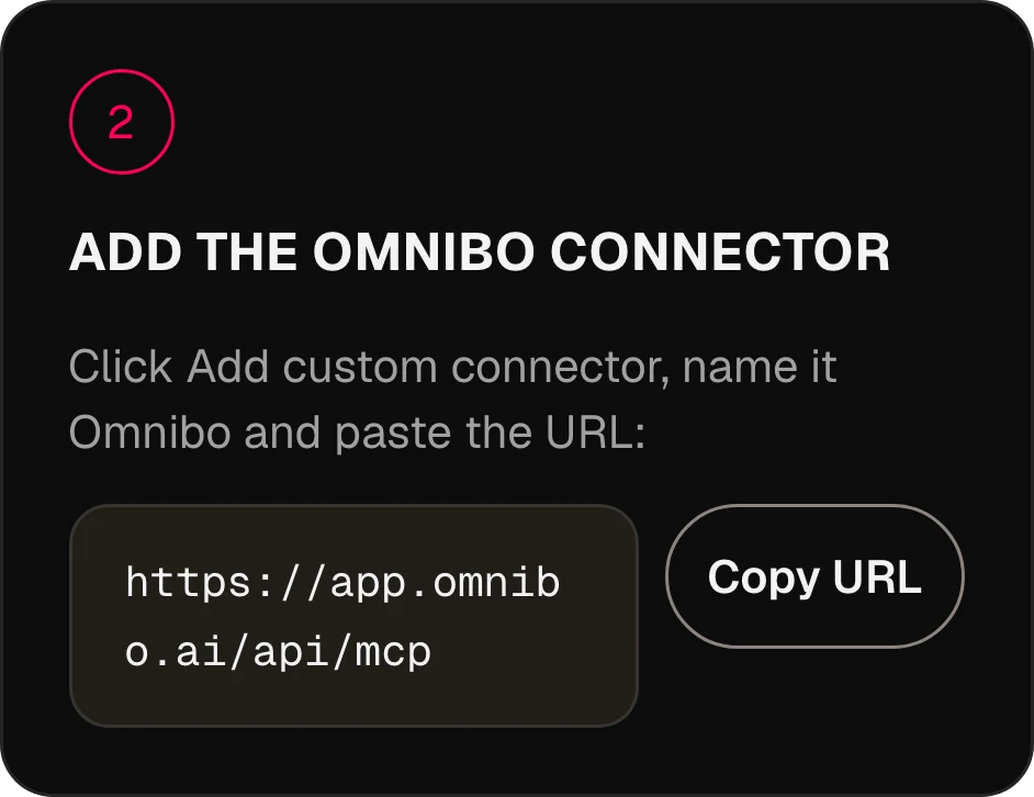 Stap twee van het verbinden van Omnibo met Claude: voeg de Omnibo-connector toe met de server-URL