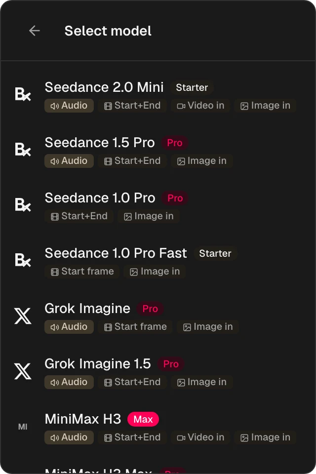 Meer van de Omnibo-lijst met videomodellen: Seedance, Grok Imagine en MiniMax, met wat elk model aanneemt